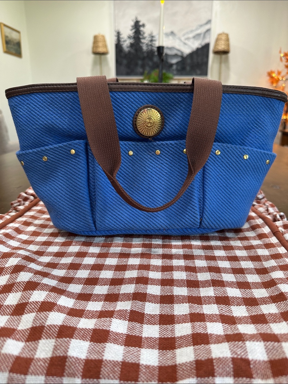 Bath & Body Works Blue Canvas Tote with Brown Trim and Gold Medallion